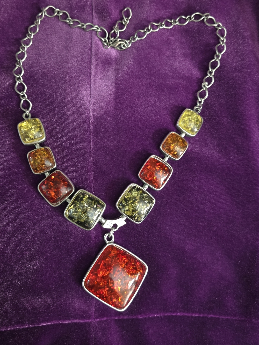 Multicolor Amber Square Pendant Statement Necklace - Unbranded